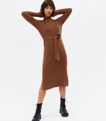 Rust Knit High Neck Tie Waist Midi Jumper Dress New Look