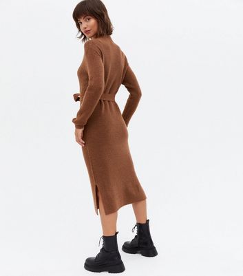 Rust Knit High Neck Tie Waist Midi Jumper Dress | New Look