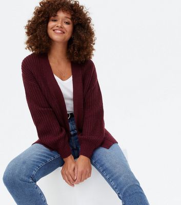 Burgundy Puff Sleeve Long Cardigan New Look