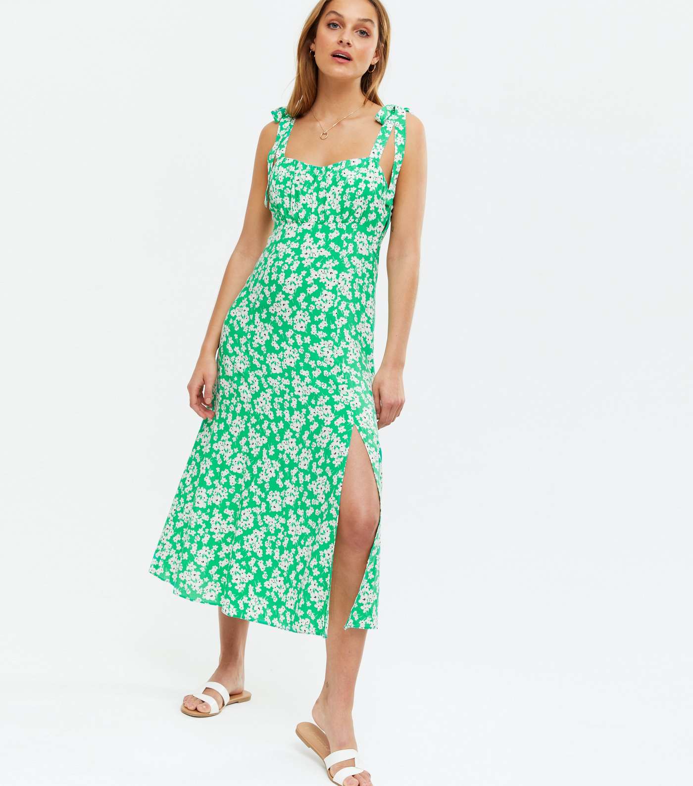 Green Floral Tie Strap Ruched Split Hem Midi Dress