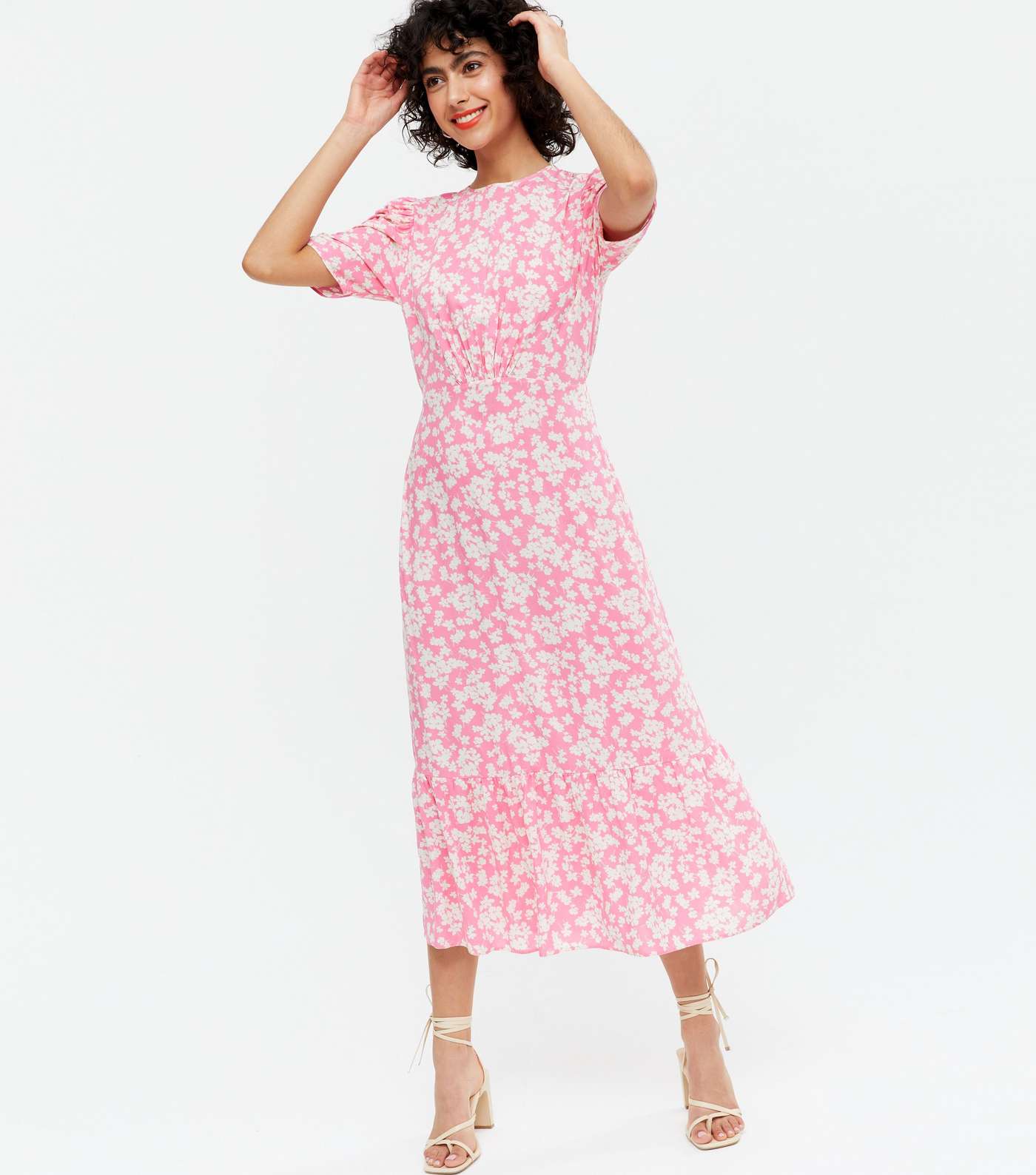 Pink Floral Ruched Puff Sleeve Midi Dress Image 2