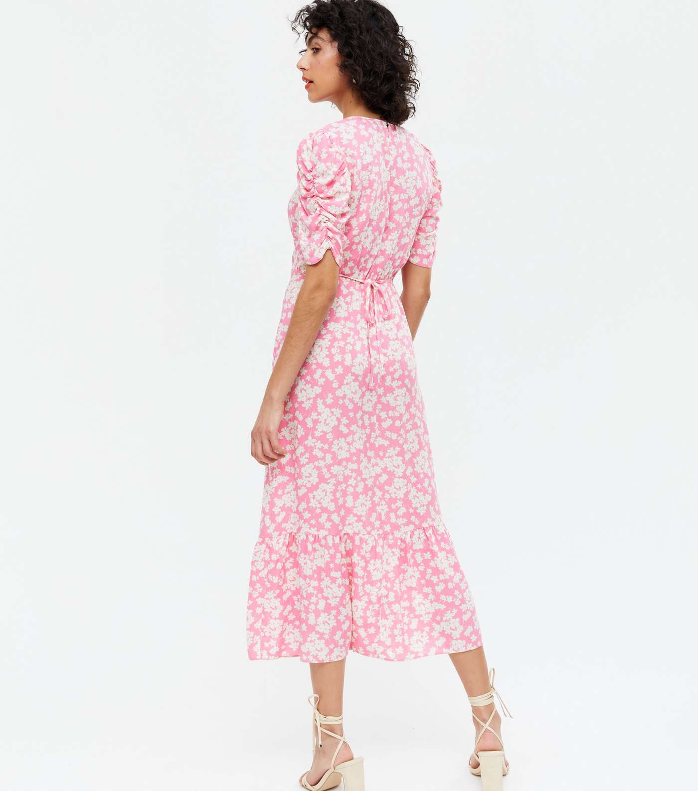 Pink Floral Ruched Puff Sleeve Midi Dress Image 4
