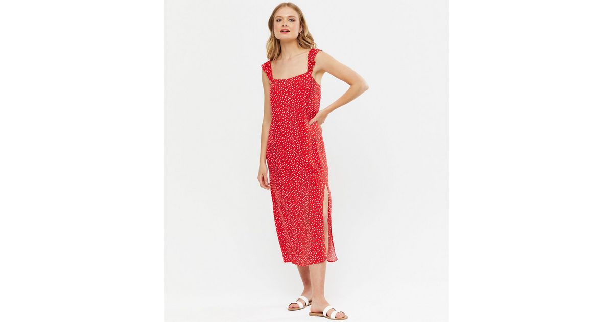 Red Spot Frill Strap Midi Slip Dress | New Look