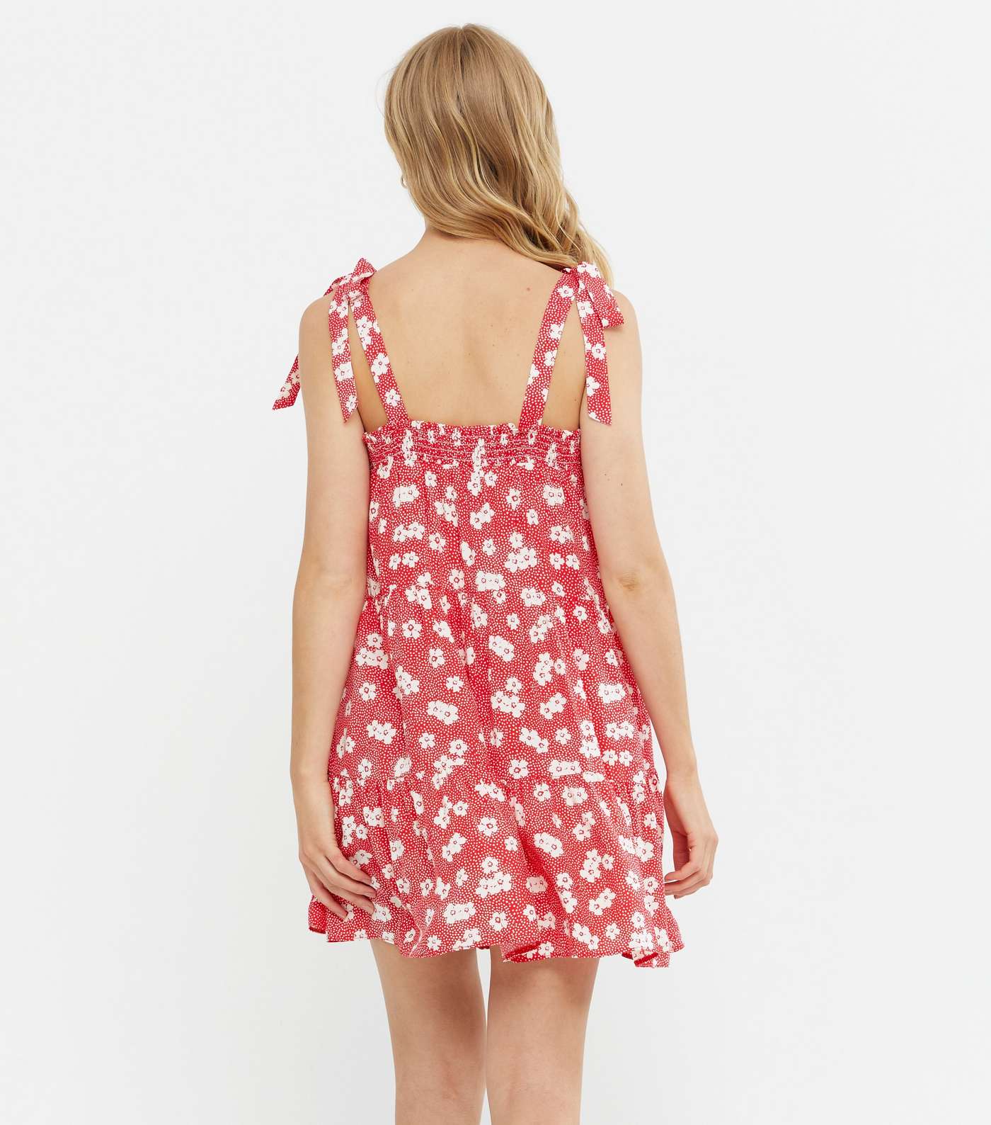 Red Floral Spot Tie Strap Tiered Mini Dress Image 4