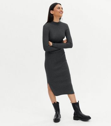 Dark Grey Ribbed Knit High Neck Midi 