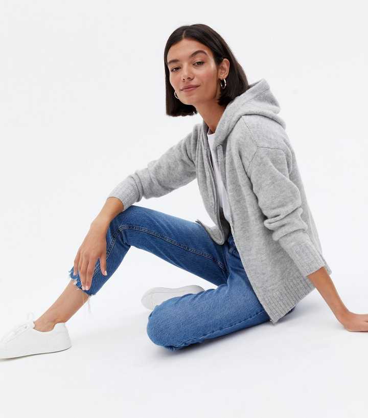 Grey Knit Zip Front Hoodie | New Look