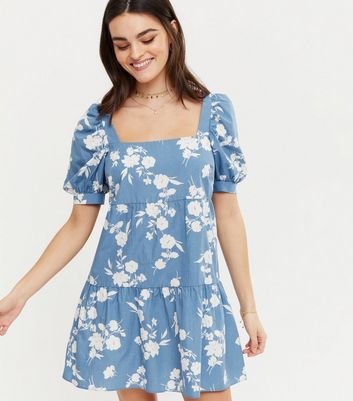 Blue Floral Square Neck Tiered Smock Dress | New Look