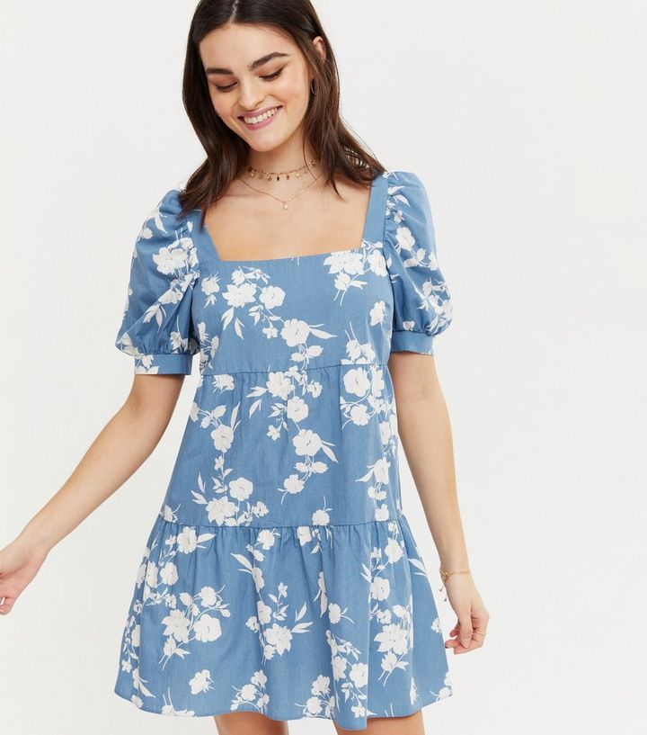 Blue Floral Square Neck Tiered Smock Dress