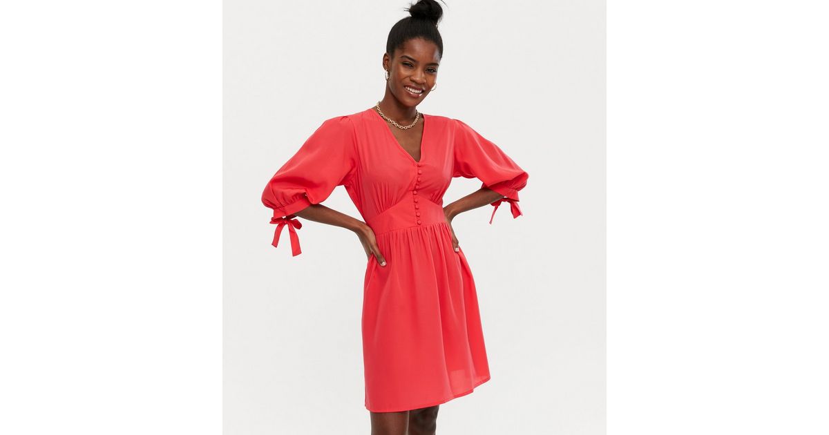 Red Puff Sleeve Button Front Mini Dress | New Look