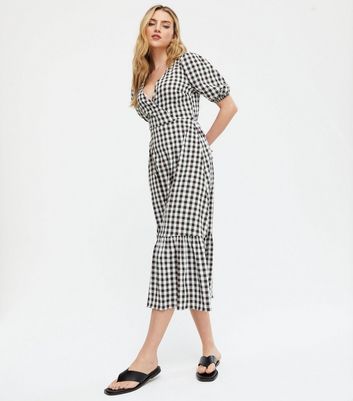 gingham puff sleeve midi dress