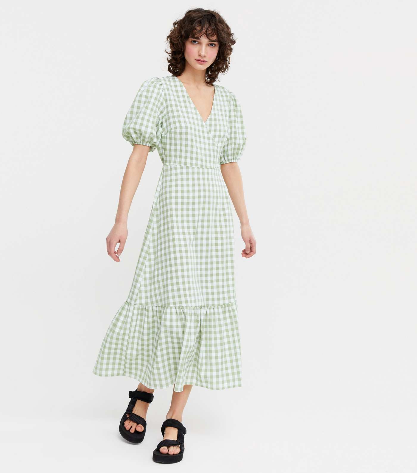 Green Gingham Puff Sleeve Tiered Midi Dress Image 2