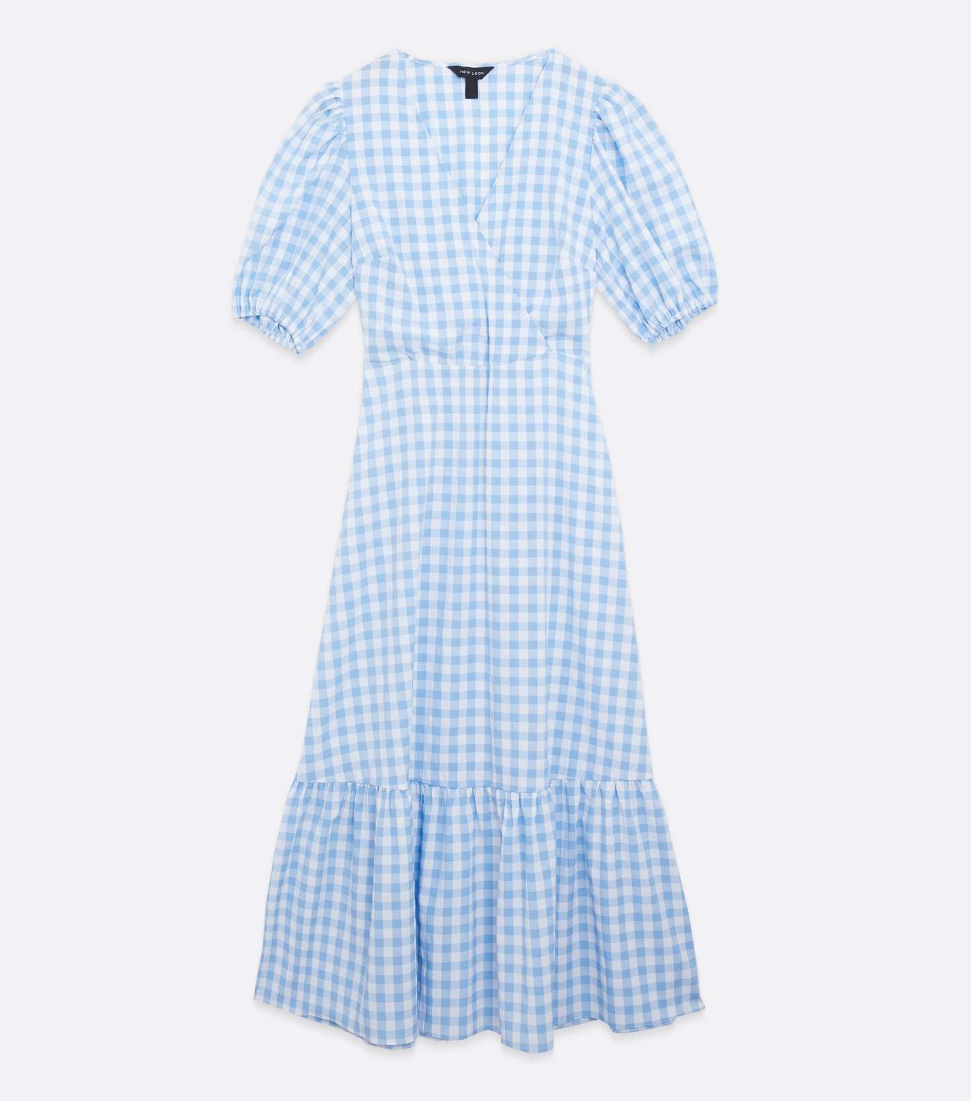 Blue Gingham Puff Sleeve Tiered Midi Dress Image 5