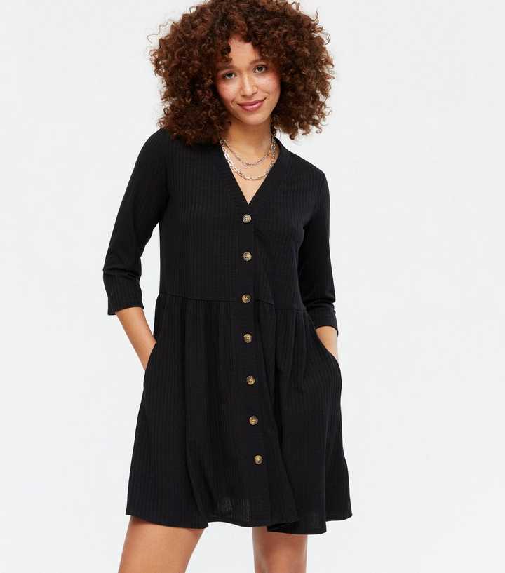 Black Ribbed Button Cardigan Dress