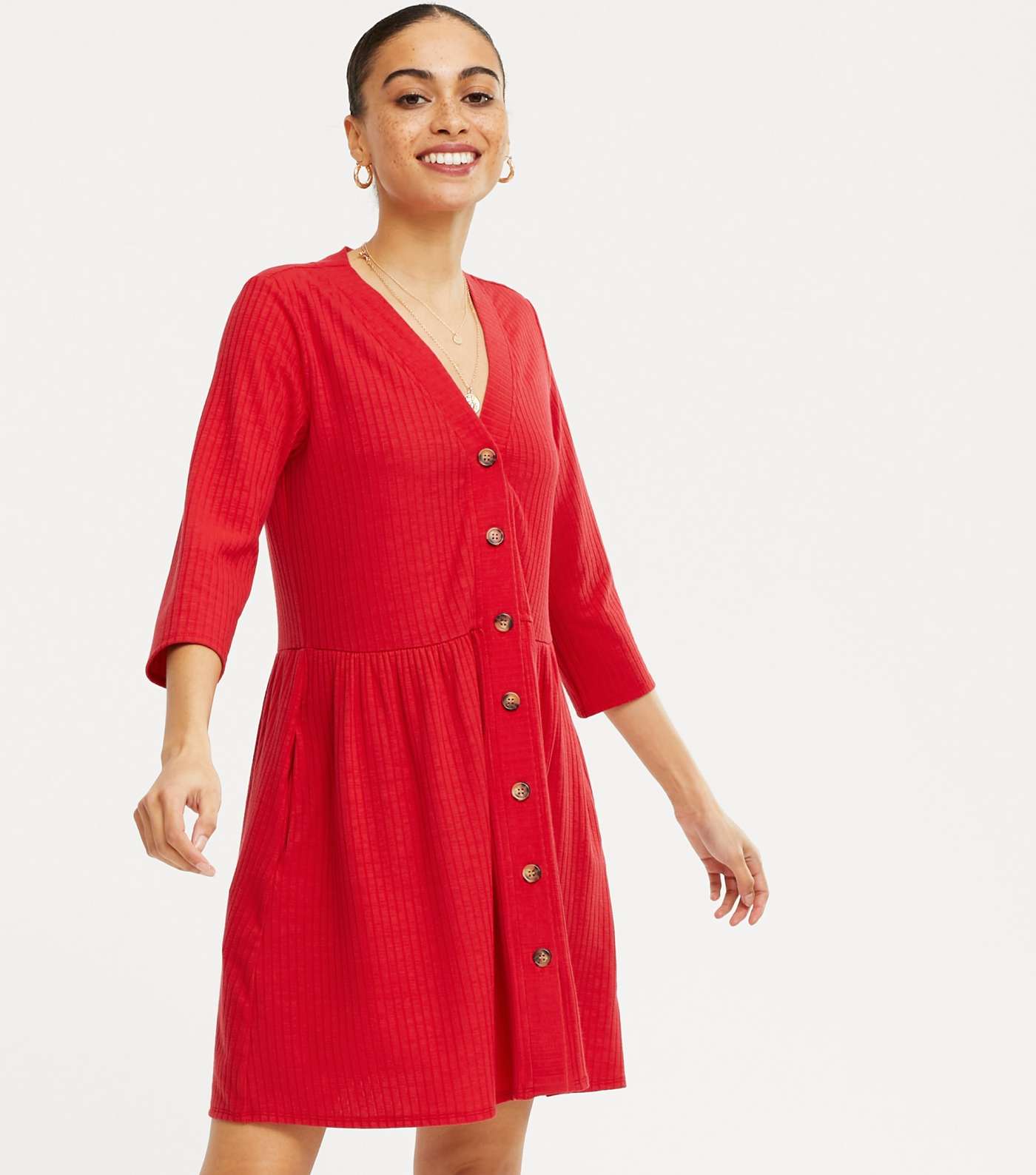 Red Ribbed Button Cardigan Dress