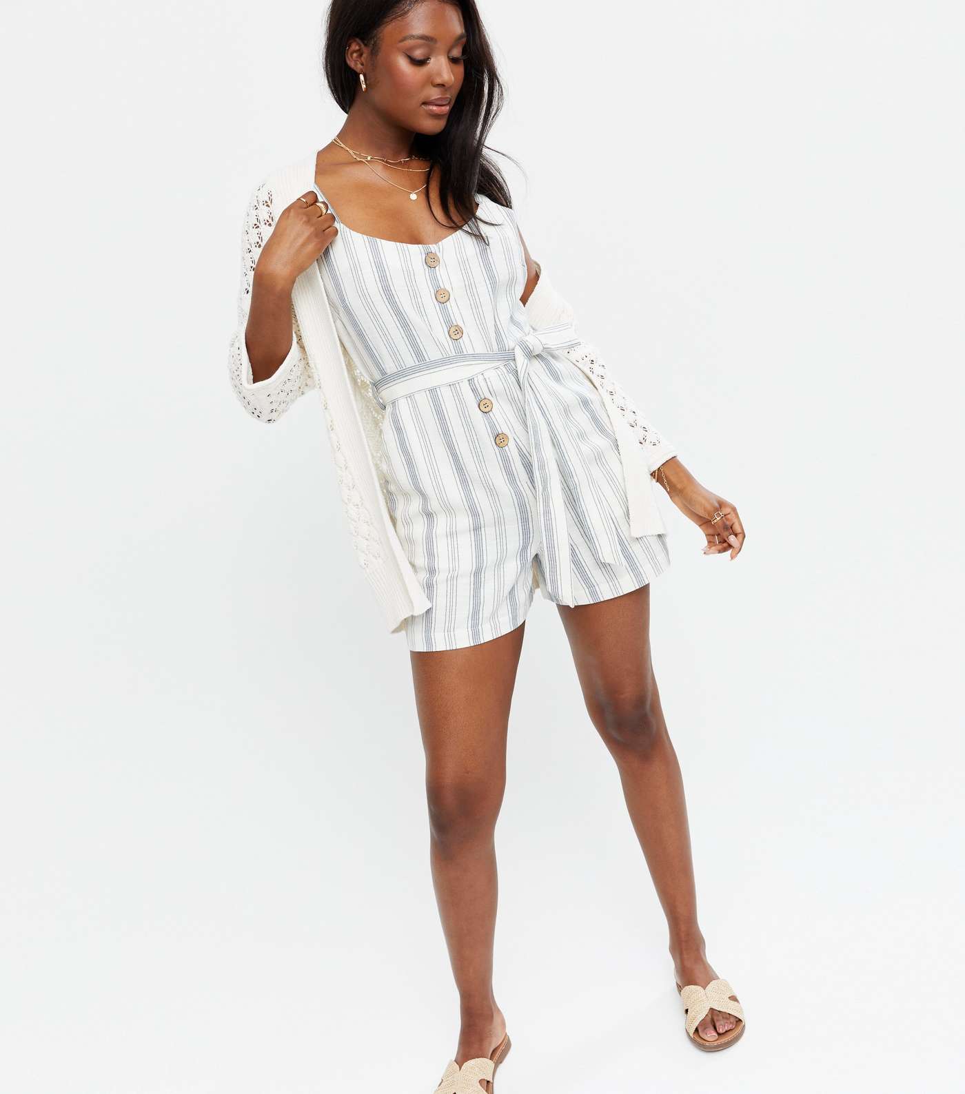 White Stripe Belted Button Front Playsuit  Image 2