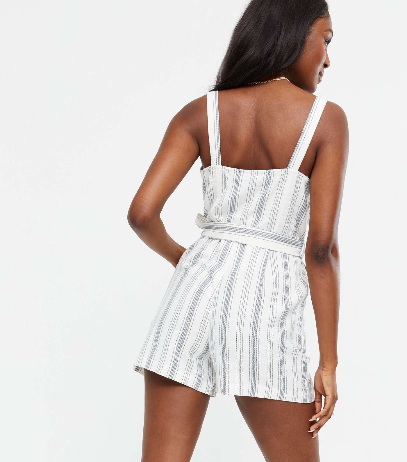 White Stripe Belted Button Front Playsuit  Image 4