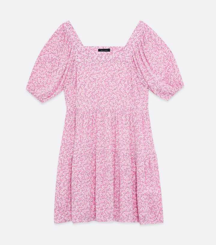 Pink Floral Square Neck Mini Smock Dress | New Look