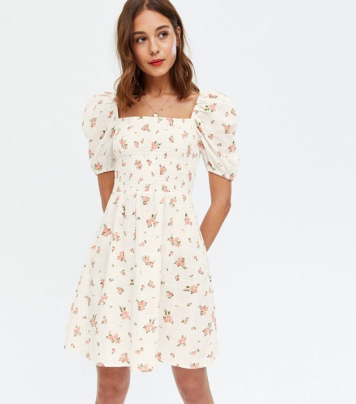 White Floral Shirred Puff Sleeve Mini Dress new look