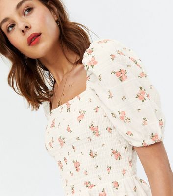 White Floral Shirred Puff Sleeve Mini 