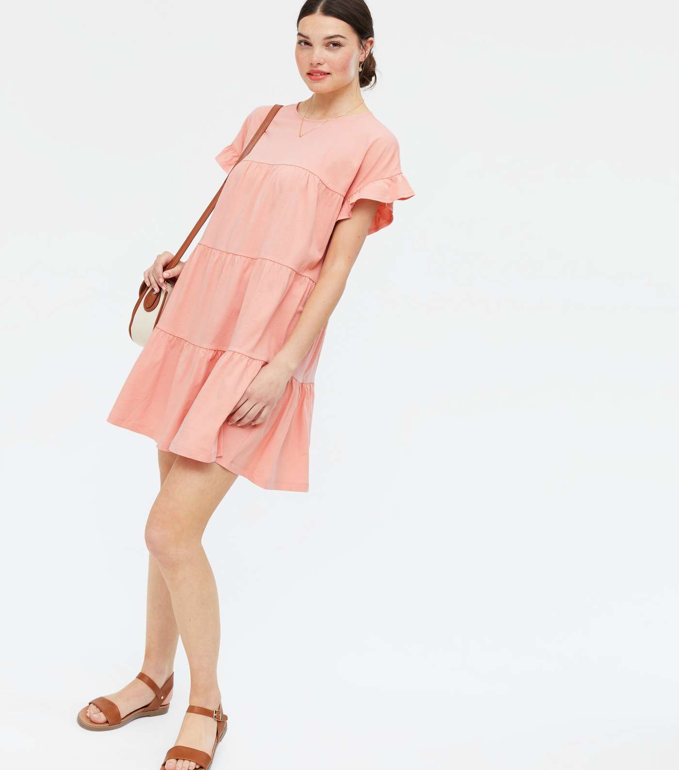 Coral Crew Neck Frill Tiered Mini Smock Dress Image 2