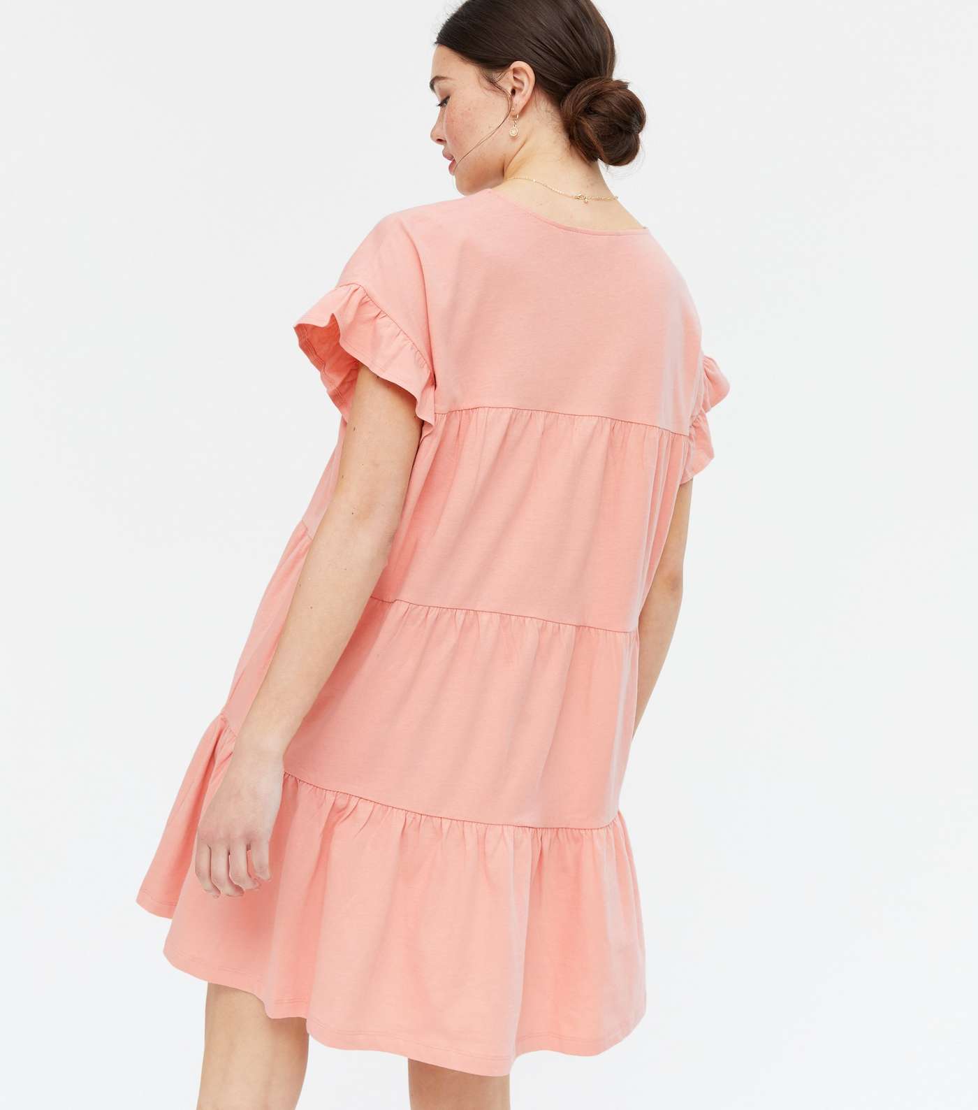 Coral Crew Neck Frill Tiered Mini Smock Dress Image 4