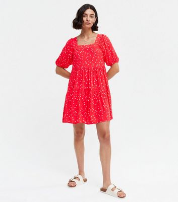Red Spot Square Neck Mini Smock Dress | New Look