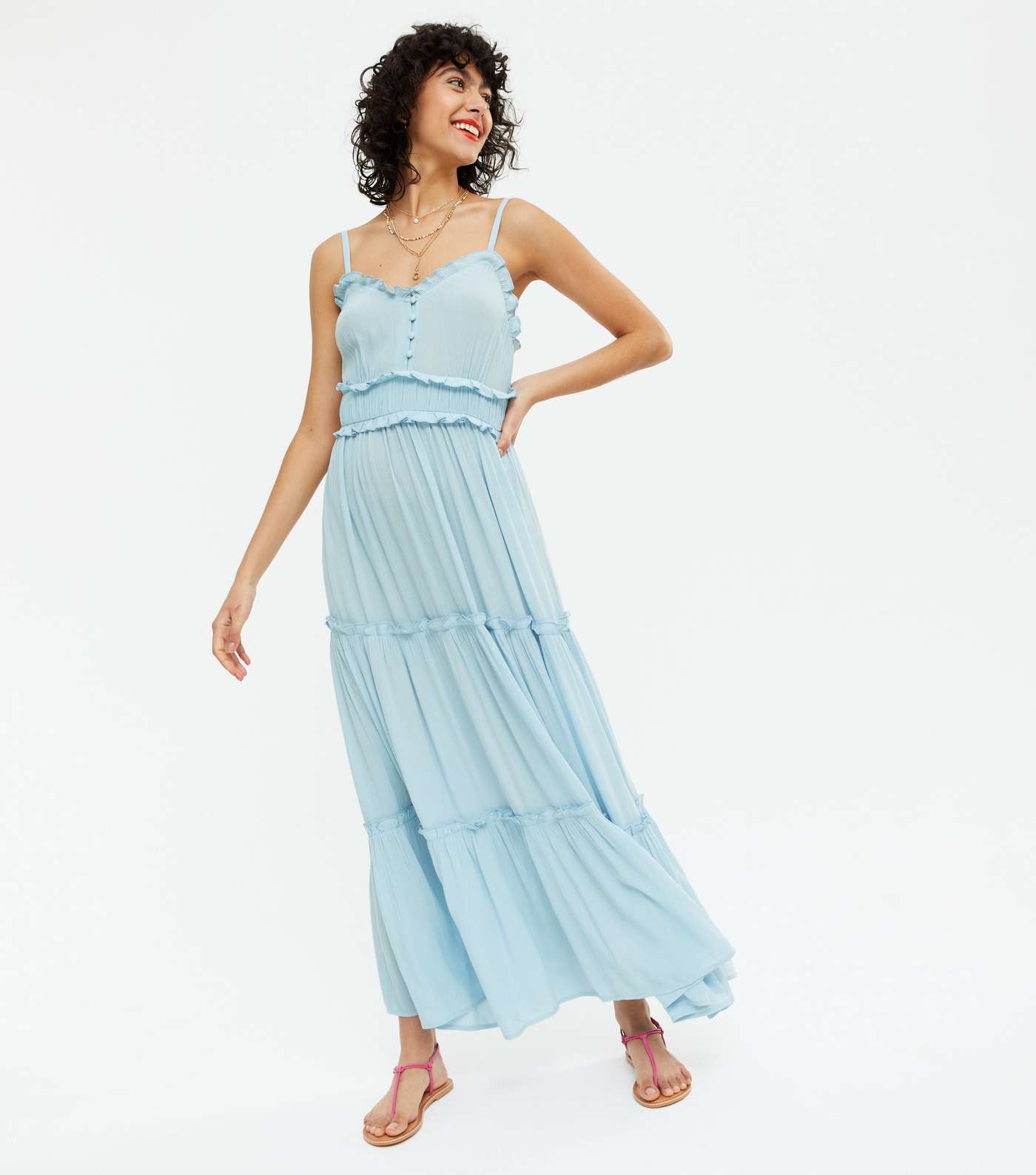 Pale Blue Frill Strappy Tiered Maxi Dress Image 2