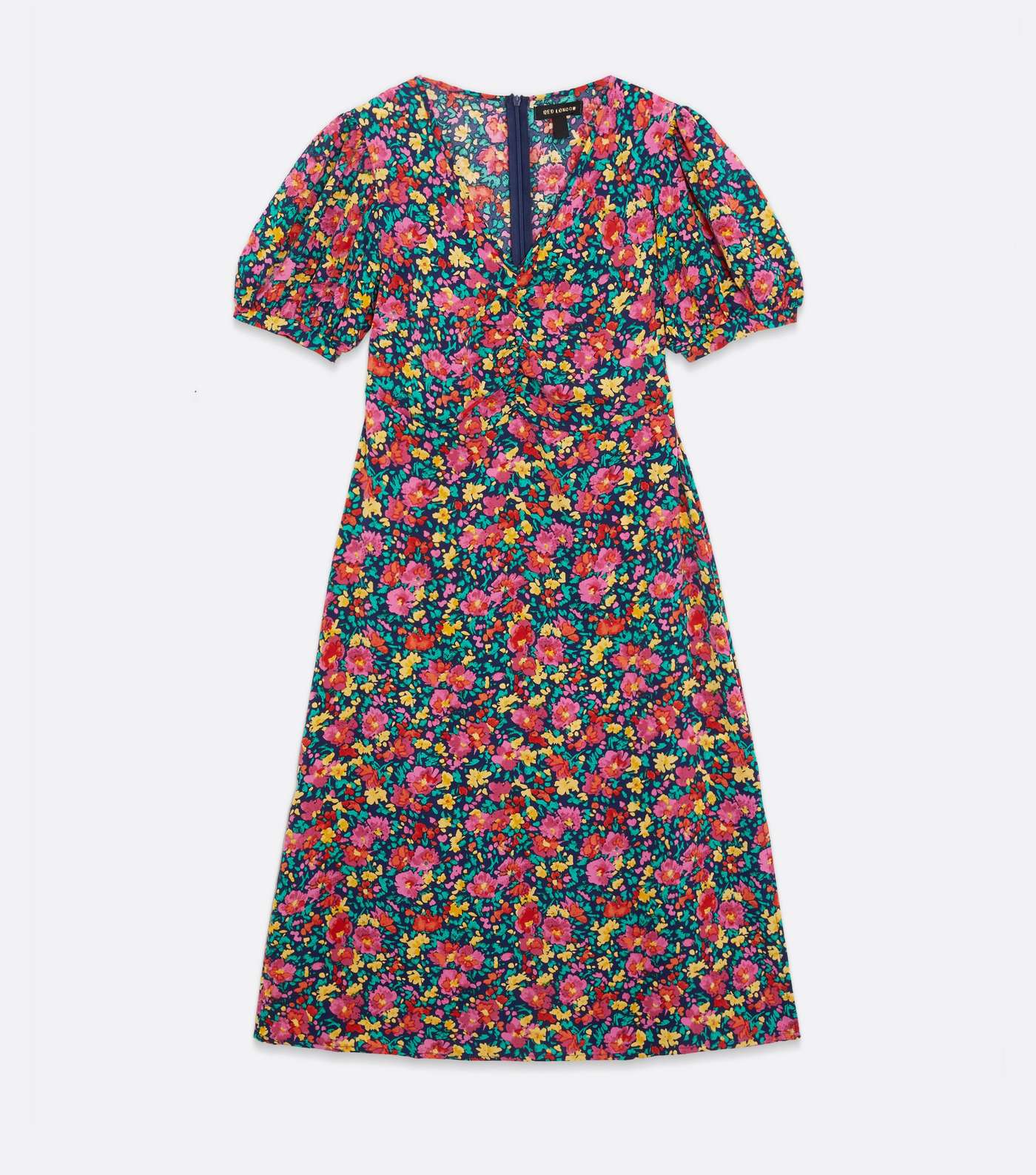 Blue Vanilla Navy Floral Ruched Puff Sleeve Midi Dress Image 5