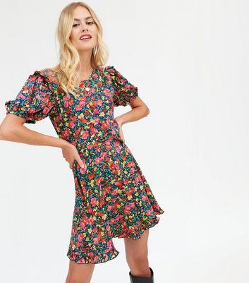 Blue Vanilla Blue Floral Frill Puff Sleeve Mini Dress | New Look