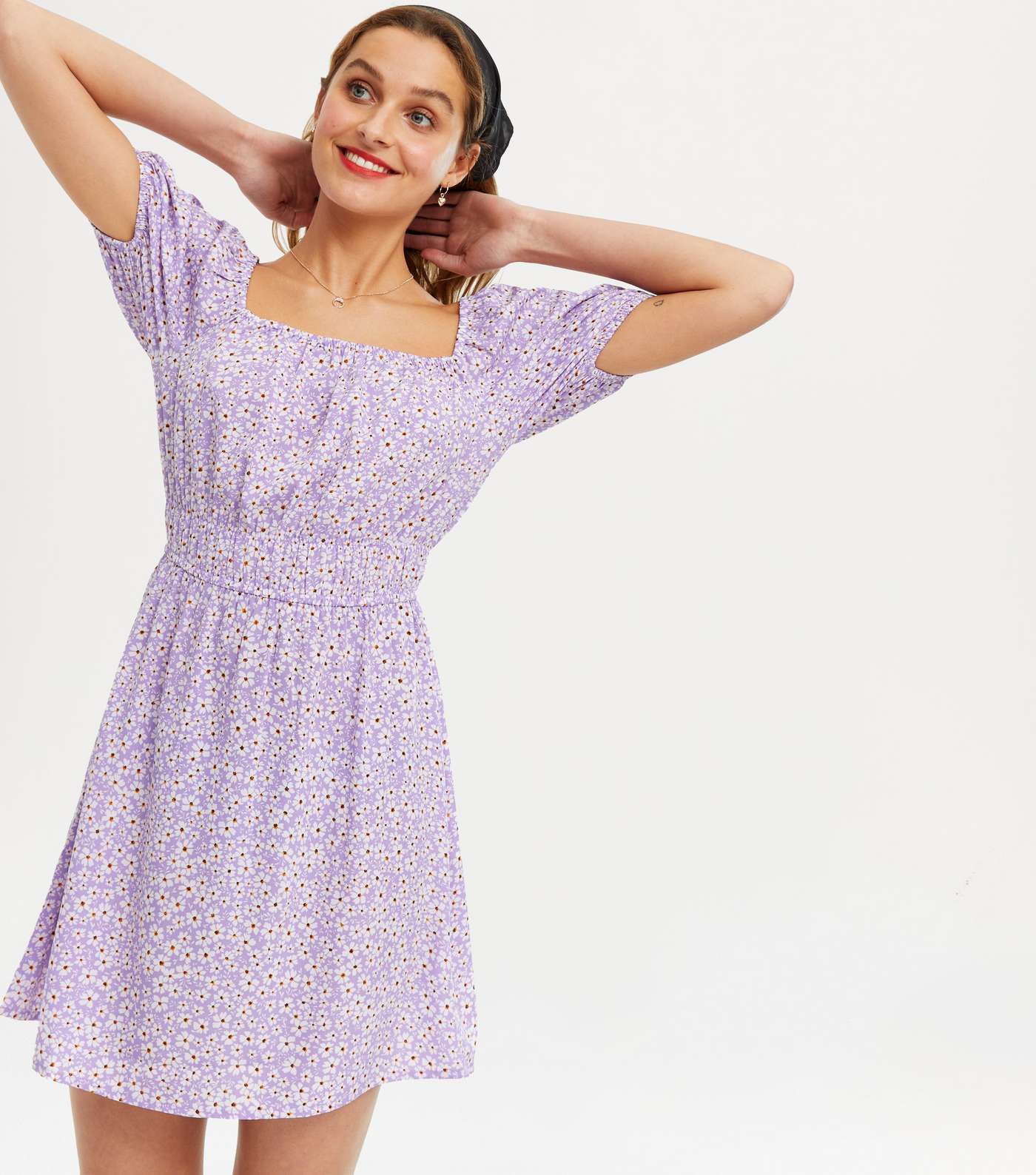 Purple Ditsy Floral Square Neck Shirred Dress