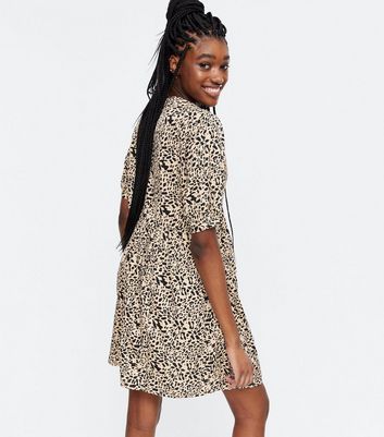 Brown Leopard Print V Neck Smock Mini 