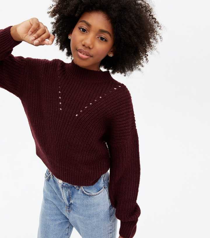 Girls Burgundy Ribbed Pointelle High Neck Jumper | New Look