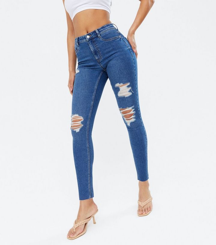 Blue Ripped High Waist Skinny Jeans New Look