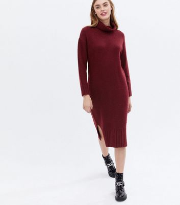 Click to view product details and reviews for Burgundy Knit Roll Neck Midi Dress New Look.