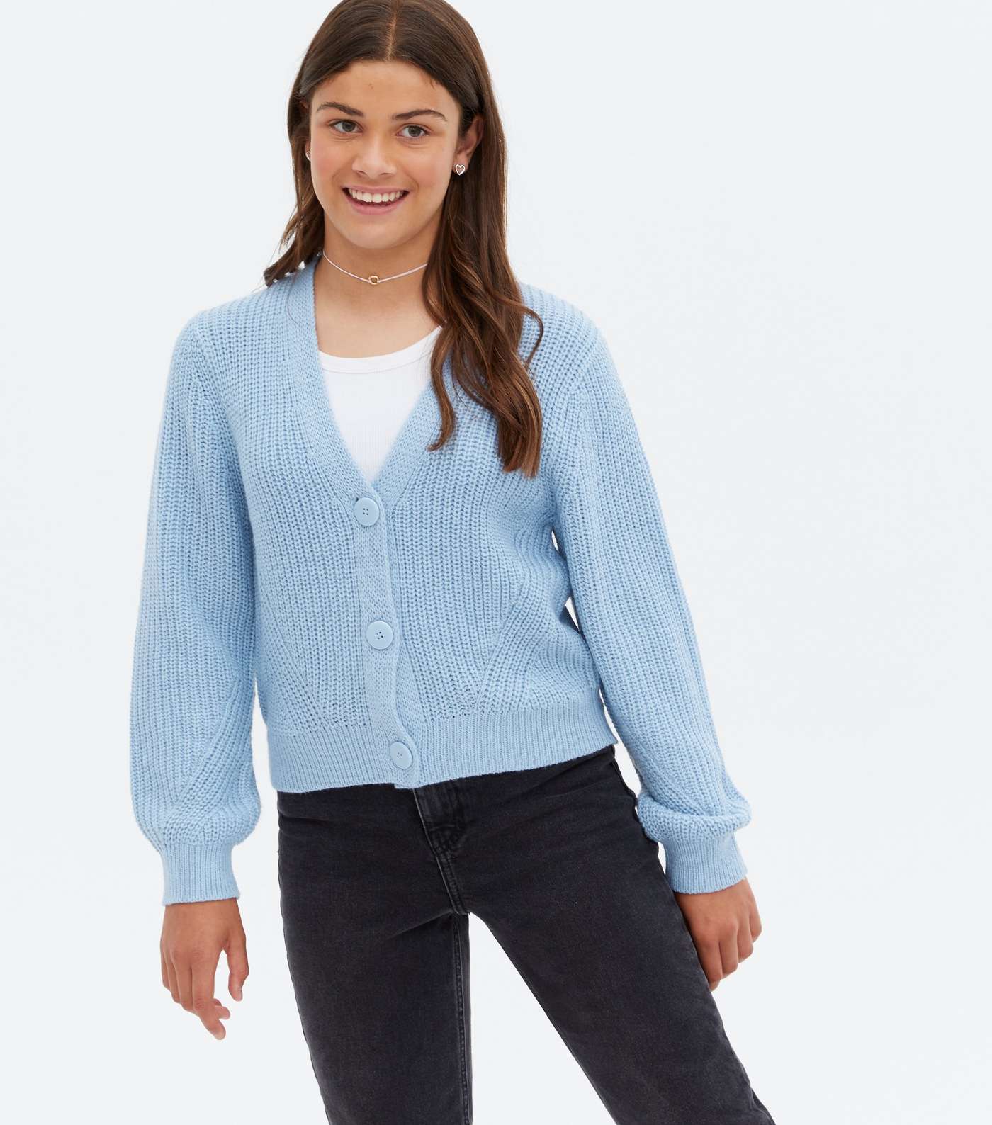 Girls Pale Blue Chunky Knit Button Cardigan Image 2
