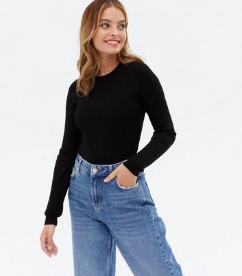 Petite Black Ribbed Knit Crew Neck 