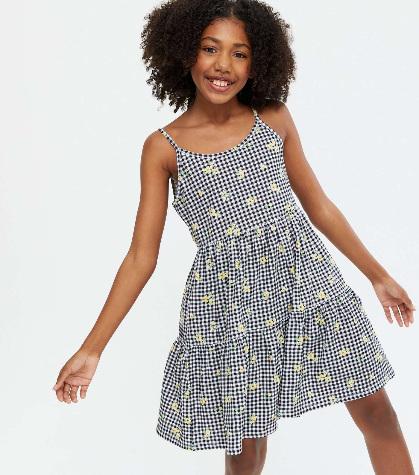 Girls Black Gingham Floral Tiered Strappy Dress