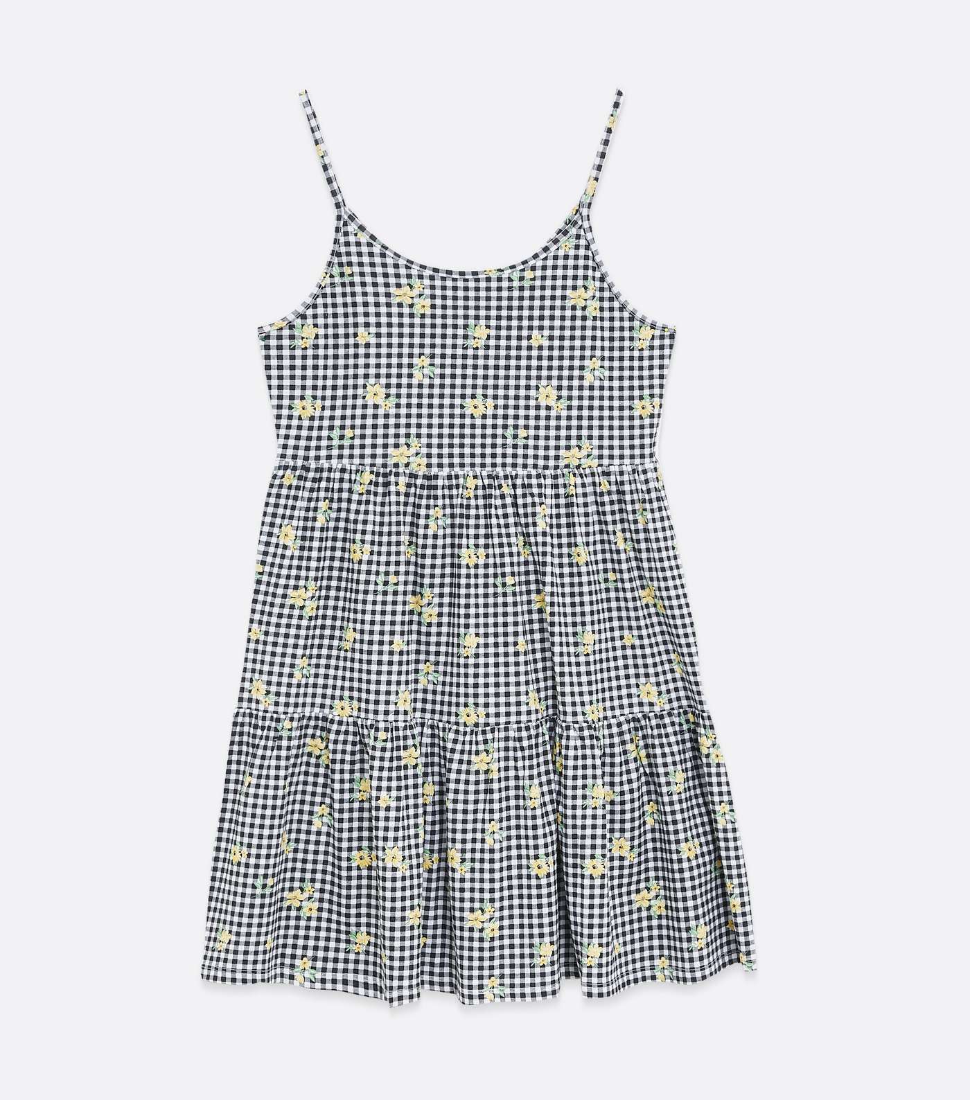 Girls Black Gingham Floral Tiered Strappy Dress Image 5