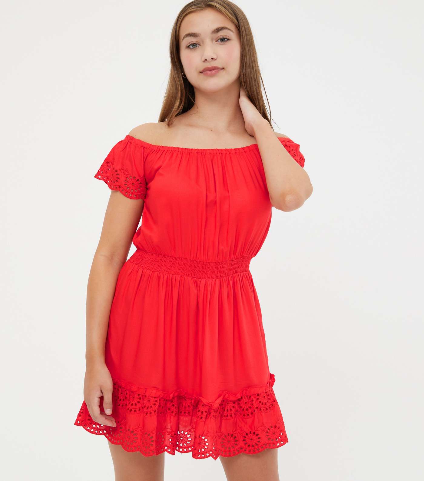 Girls Red Broderie Trim Bardot Mini Dress
