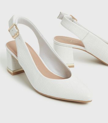white slingback block heels