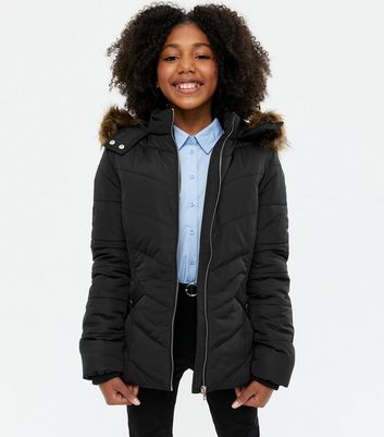 Girls Black Faux Fur Trim Puffer Jacket 