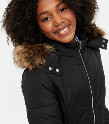 girls faux fur hooded long puffer jacket