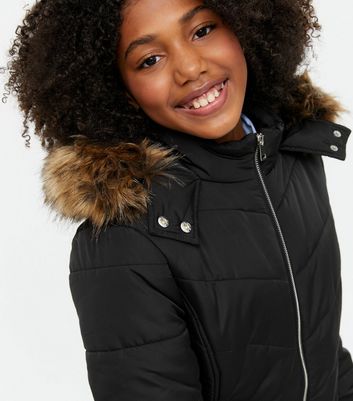 Girls Black Faux Fur Trim Puffer Jacket New Look