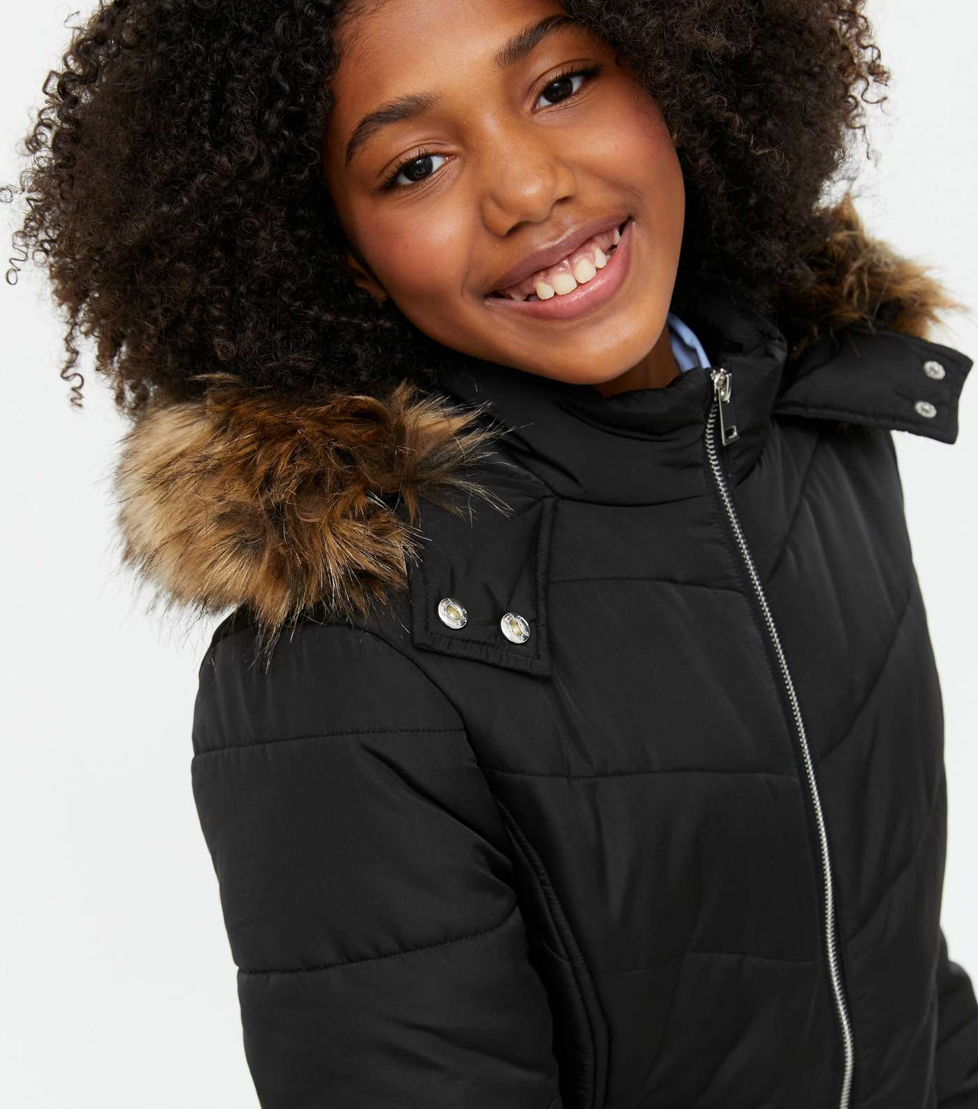 Girls Black Faux Fur Trim Puffer Jacket Image 3