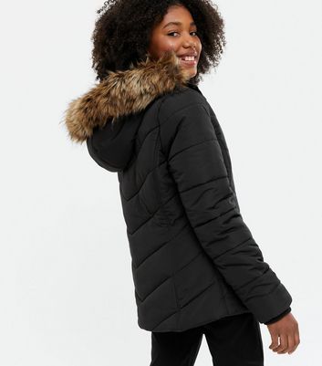 black puffer jacket with fur