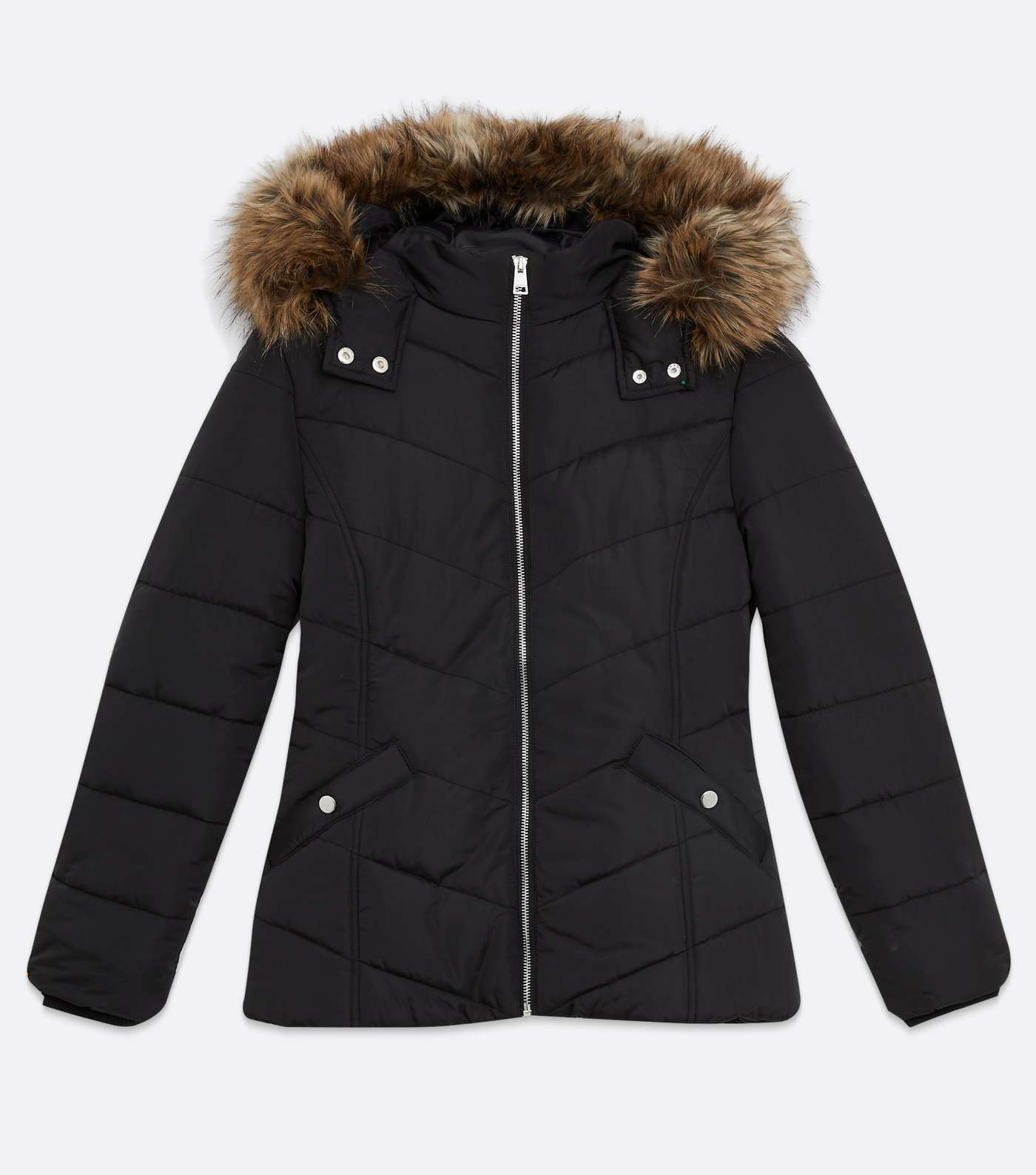 Girls Black Faux Fur Trim Puffer Jacket Image 5