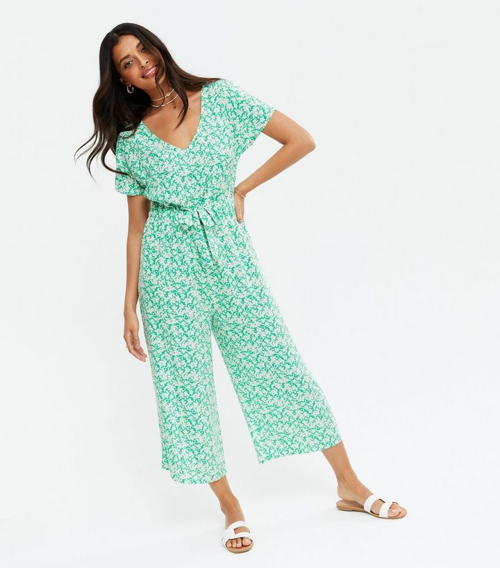 spell convergence distance Green Floral V Neck Tie Front Crop Jumpsuit | New Look