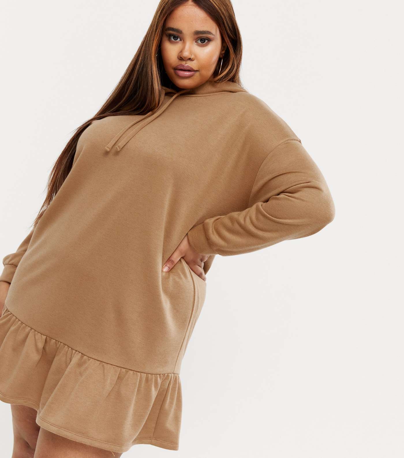 Curves Stone Frill Jersey Hoodie Dress
