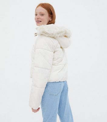 Puffer jacket with fur hood clearance white