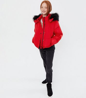 Girls Red Faux Fur Hooded Puffer Jacket 